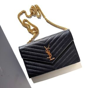 Saint Laurent Black Cassandre Matelasse Envelope Wallet on Chain Crossbody Bag